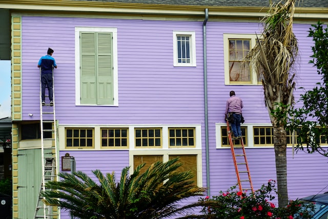 men fixing purple house